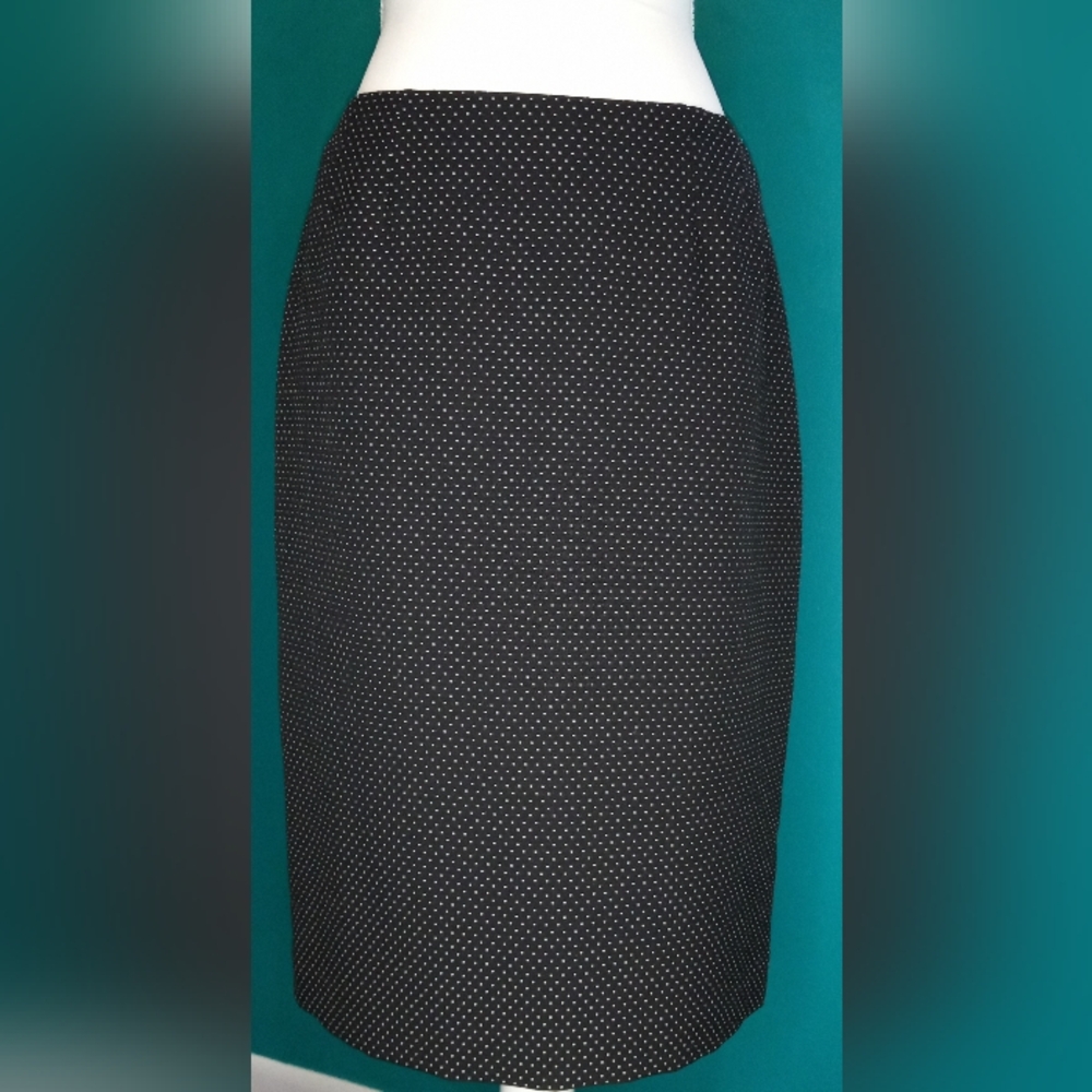 Black Label by Evan Picone Black White Polka-dot Midi Skirt Back Slit Zip up S 6